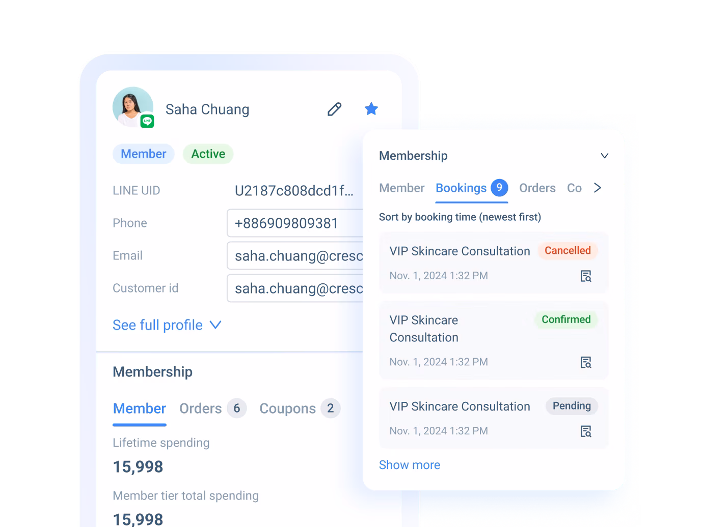 A 360° customer profile — membership, order history, bookings and marketing tags in one view