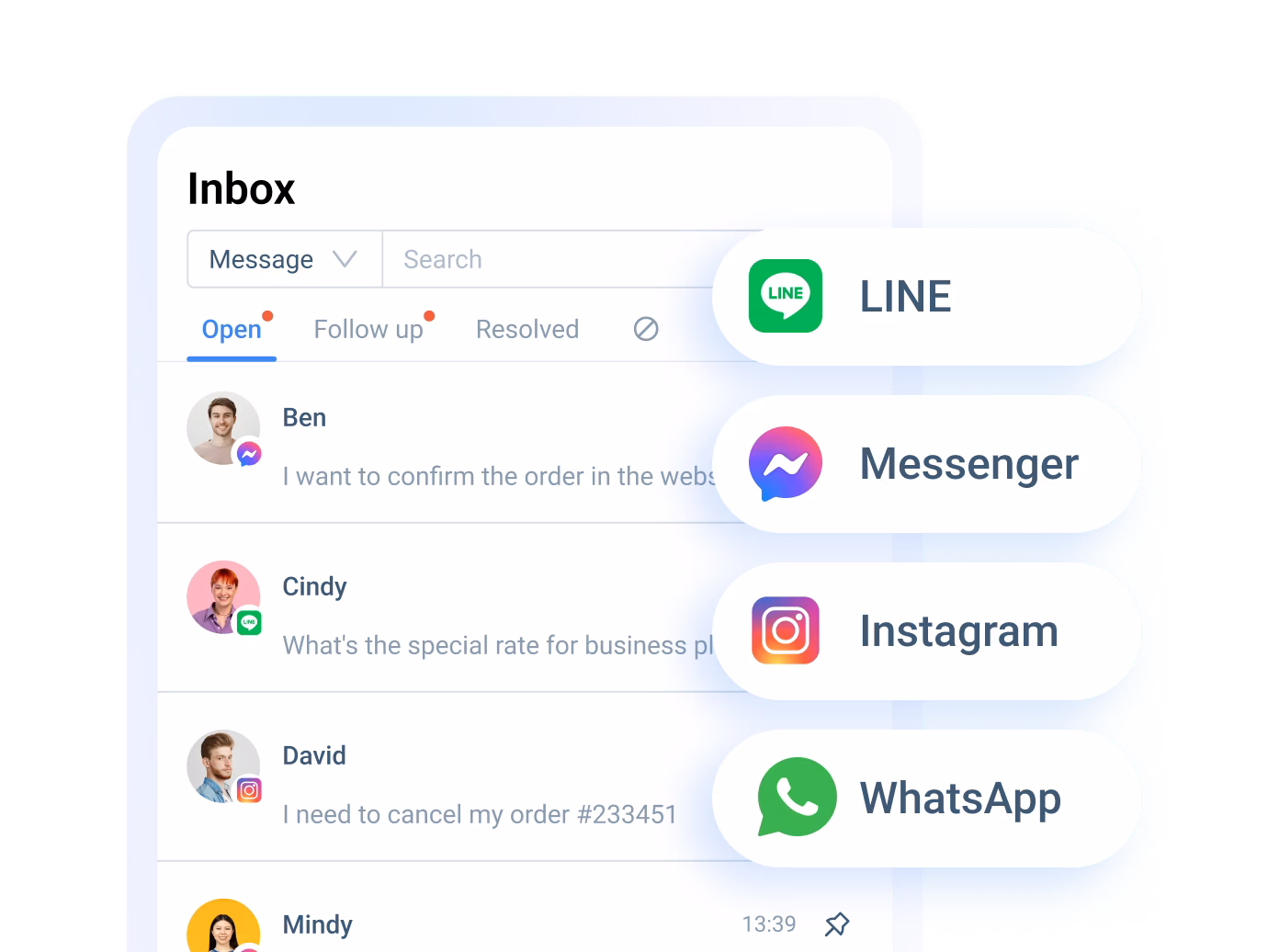 One unified inbox handling LINE, Messenger, Instagram and WhatsApp conversations together