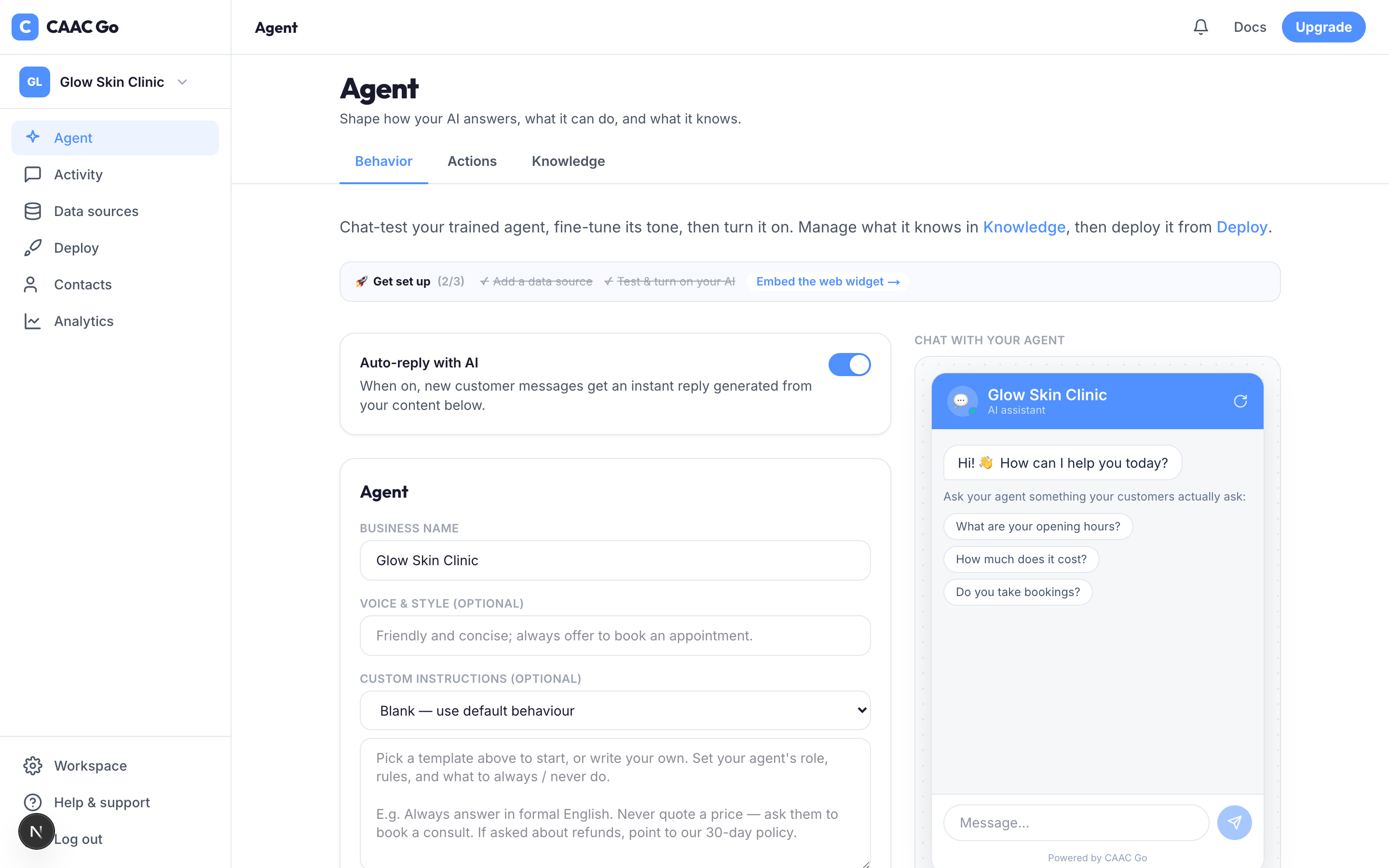 CAAC Go Agent page — chat-test your trained agent, then embed the web widget on your site